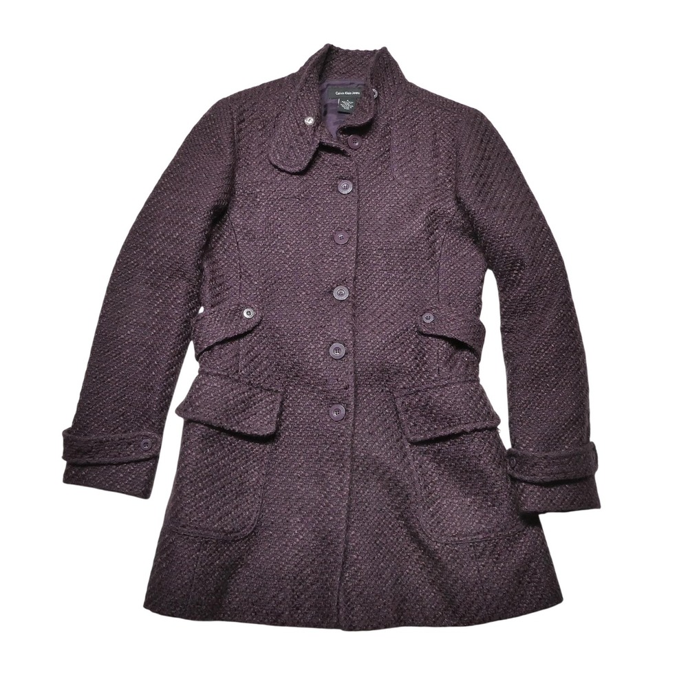 Calvin Klein Jeans Coat Womens Medium Purple Wool Blend Tweed Overcoat Lined